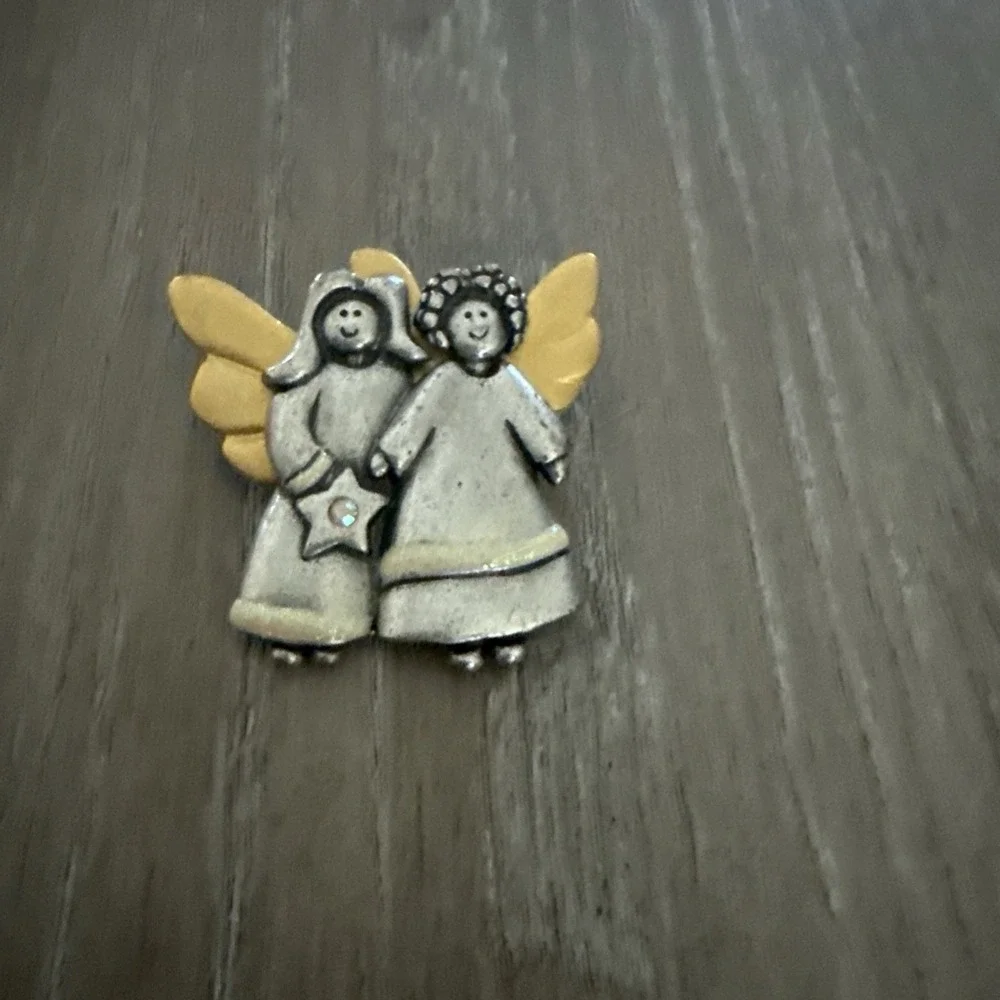 AJMC Vintage Pin Brooch Angels Antique Silver Tone with Gold Wings Silver‎ Star